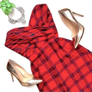 Betsey Johnson Black Label Vintage 90s Strapless Red Black Plaid Silk Dress Sz 4